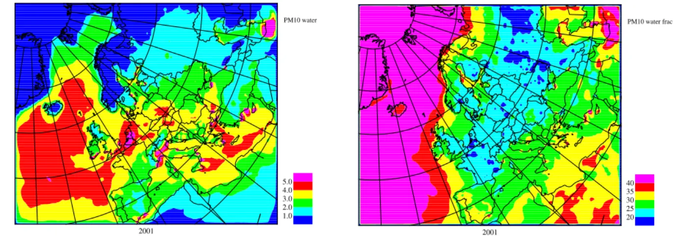 Fig. 2. Model calculated (a) mass (in µg/m 3 ) of particle water and (b) water fraction (%) in PM10 (water contributions calculated for 20 ◦ C and 50% RH
