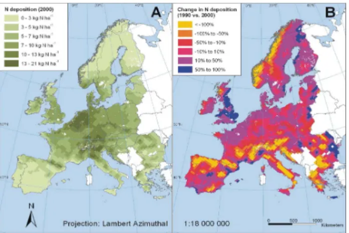 Fig. 4. Annual values of wet deposition of N in Europe in the year 2000 (A) and changes in wet deposition of N using 1990 meteorology versus 2000 meteorology (year 2000 emissions) (B).