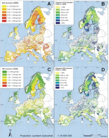 Fig. 8. Regional distribution of annual N 2 O (A) and NO emissions (C) from forest soils in Europe (in kg N ha −1 yr −1 )