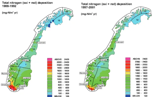 Fig. 1. Total deposition of nitrogen (oxidized + reduced) 1988–1992 (maximum total Nr deposition in the monitoring period) and 1997–2001 (minimum total Nr deposition in the monitoring period) in mainland Norway