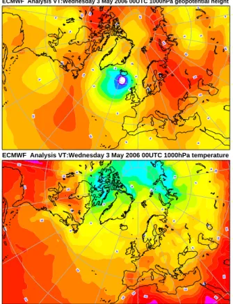 Fig. 6. ECMWF analyses of geopotential (top) and temperature (bottom) at the 1000 hPa level on 3 May 2006 at 00:00 UTC.