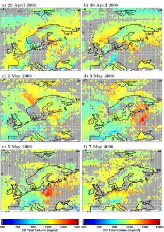 Fig. 8. Total CO columns retrieved from AIRS data for (a) 29 April, (b) 30 April, (c) 2 May, (d) 3 May, (e) 5 May, and (f) 7 May 2006.