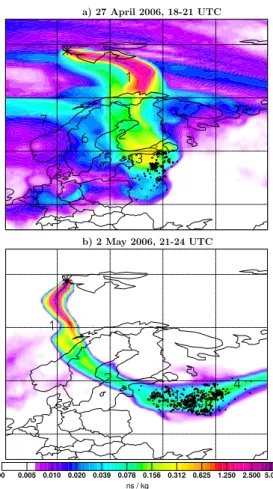 Fig. 9. Potential emission sensitivity (PES) footprint maps for air arriving at Zeppelin on 27 April 2006, between 18:00 and 21:00 UTC (top), and for air arriving at Zeppelin on 2 May 2006, between 21:00 and 24:00 UTC (bottom)