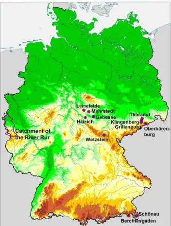 Fig. 1. CarboEurope test sites in Germany and the catchment of the River Rur.