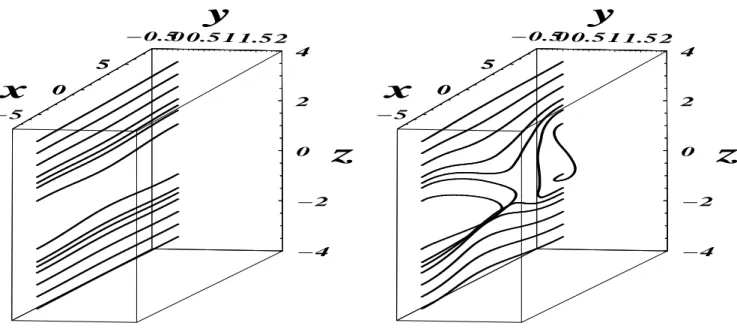 Fig. 2. Magnetic field lines for 2D kinetic reconnection (Vlasov-code-simulation). Initial state on the lefthand side and after magnetic reconnection had occurred, on the righthand side