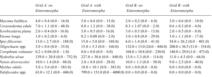Table 1b. Descriptive statistics of dominant macrofaunal species for Eden Estuary sites, with and without Enteromorpha.