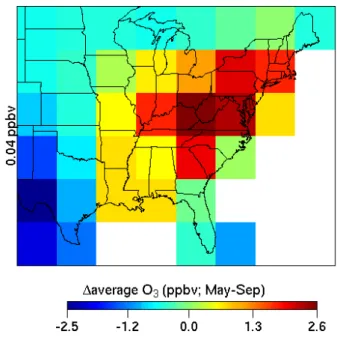 Fig. 7. Differences (future climate simulation minus present cli- cli-mate simulation) in the average (May–Sep) ozone mixing ratio (ppbv) in the surface layer (984–934 hPa) of the eastern United States