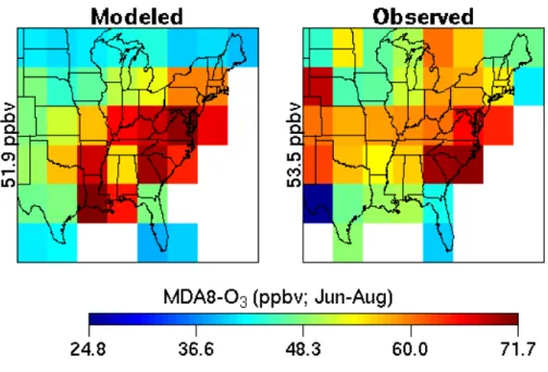 Fig. 1a. Modeled (left panel) and observed (right panel) average maximum daily 8-h average (MDA8) ozone concentrations (June–Aug) in the surface layer of the eastern United States