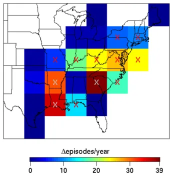 Fig. 4a. Average yearly frequency of ozone episodes (defined here as any occurrence in a grid cell of a 4-h average ozone mixing ratio greater than 80 ppbv) in the surface layer (984–934 hPa) of the  east-ern United States corresponding to the present clim