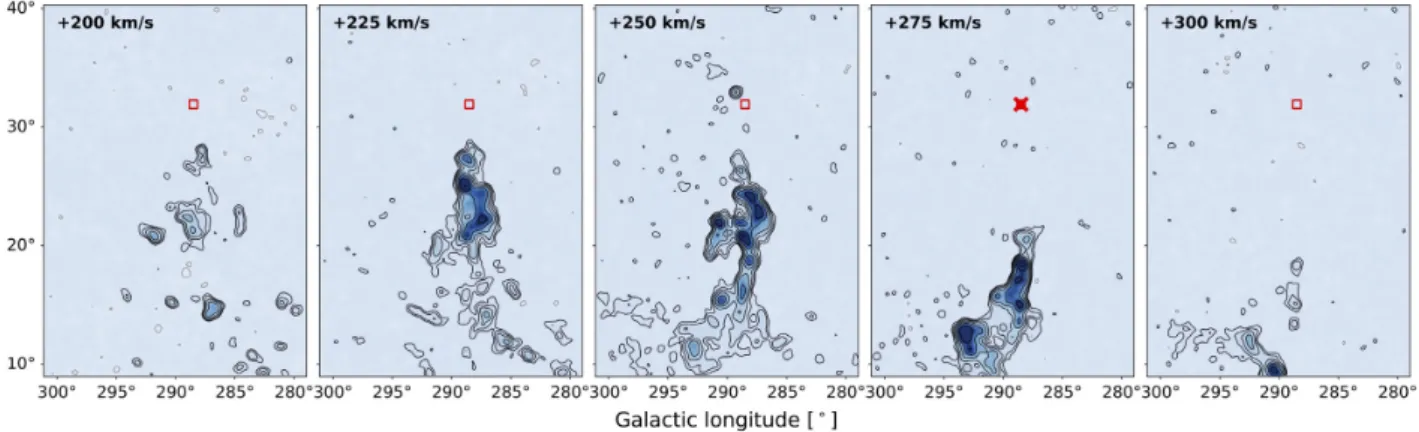 Figure 12. H I density fields from HI4PI mapping the region of the edge of the MS Leading Arm near PW 1, in five radial velocity channels bracketing the velocity of the stellar system