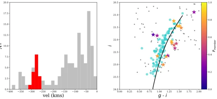 Figure 5. Left: Histogram of velocities for all spectroscopically observed stars in our stream fields (grey)