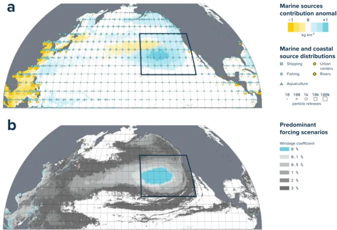 Figure 5.  Modelled source and forcing distributions. (a) North Pacific distribution of the ocean plastics sources  used in this study (blue and orange squares, circles and triangles), and predicted marine source (shipping,  fishing and aquaculture) anomal