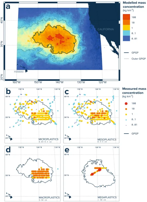 Figure 3.  Modelled and measured mass concentration in the Great Pacific Garbage Patch (GPGP)