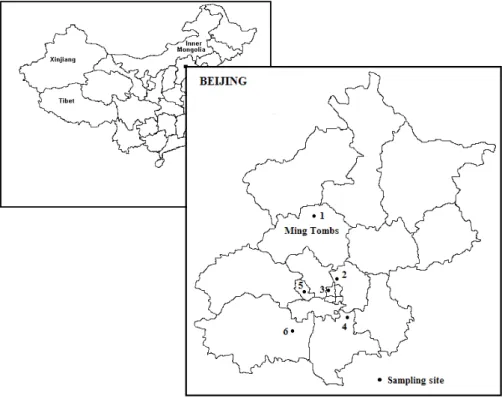 Fig. 1. Locations of the sampling sites in Beijing 1. Ming Tombs (MT) 2. National Olympic Sports Center (AT) 3