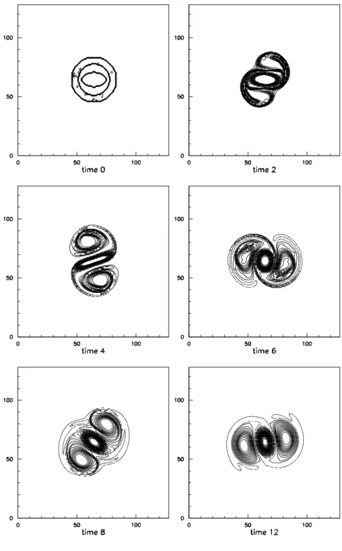 Fig. 4. (a) Behavior about a separatrix: unperturbed state. Successive snapshots of the vorticity field (r 3 = 0 