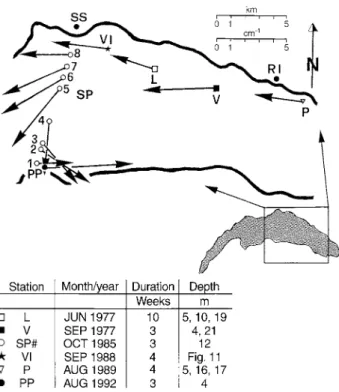 Fig. 11. For station VI (see Fig. 10 for station location). Progressive vector diagrams of six depths recorded simultaneously during the mooring period in September 1988