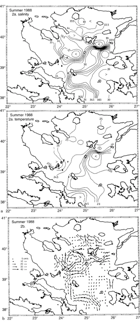 Fig. 2. a Horizontal distribution of surface salinity, used as tracer for the BSW in the Aegean Sea, indicating the patch of the BSW in the discharge region of the Hellespont, summer period (after Zodiatis and Balopoulos, 1993)