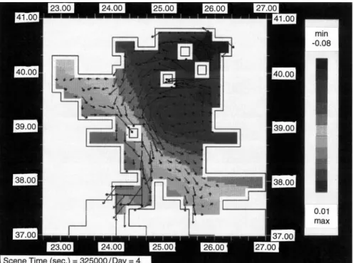 Fig. 4. A study case of barotropic flow in the North Aegean, with strong northerly winds and discharge from the Hellespont, where the flow model used is capable of simulating the main features of the local circulation