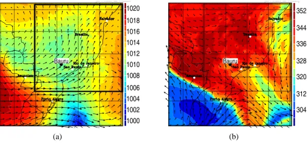Fig. 1. Simulated meteorology on 3 March at 12:00 UTC (09:00 LT): (a) mean sea level pressure in hPa and wind vectors at the surface, (b) wet-bulb potential temperature in K and wind vectors at 850 hPa