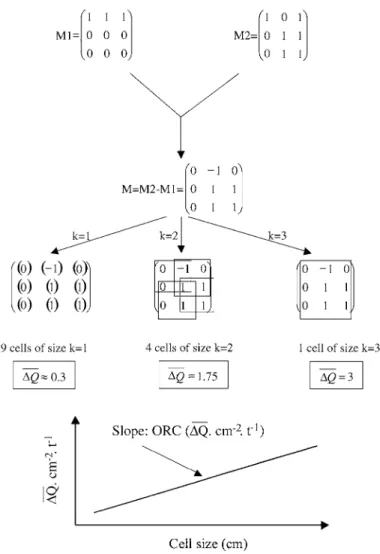 Fig. 2. Two-dimensional optical luminophore method. Schematic diagram based on a simple theoretical 3  3 matrix illustrating the calculation of the rate of reworking (named ORC, for optical reworking coefficient) corresponding to the mean movement of lumin