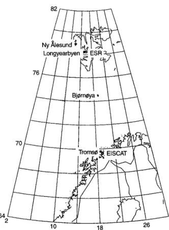 Fig. 1. Map showing the locations of the receiving stations and the EISCAT radars