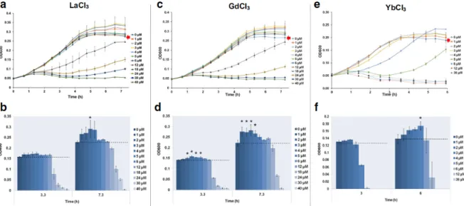 Figure 1. Growth curves of E. coli and the corresponding OD 600  (determined in the mid-log and stationary  phase) during incubation with LaCl 3  (A, B), GdCl 3  (C, D) and YbCl 3  (E, F); control group growth curve is  indicated by a red arrow