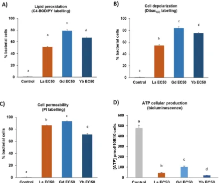 Figure 3. Subcellular parameters determined by flow cytometry (A, B and C) and bioluminescence (D)  after E