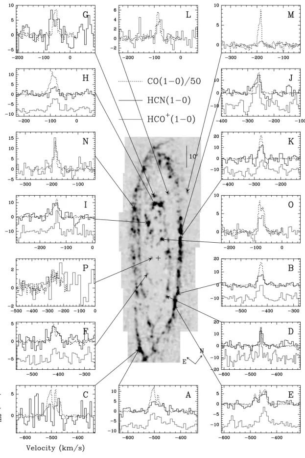 Fig. 1. The map is the CO(1–0) integrated intensity observed with the 30 m telescope and smoothed to a resolution of 45 ′′ (Nieten et al