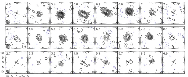 Fig. 2. Channel maps of the HCO + J=1 → 0 line emission towards DM Tau, LkCa 15 and MWC 480