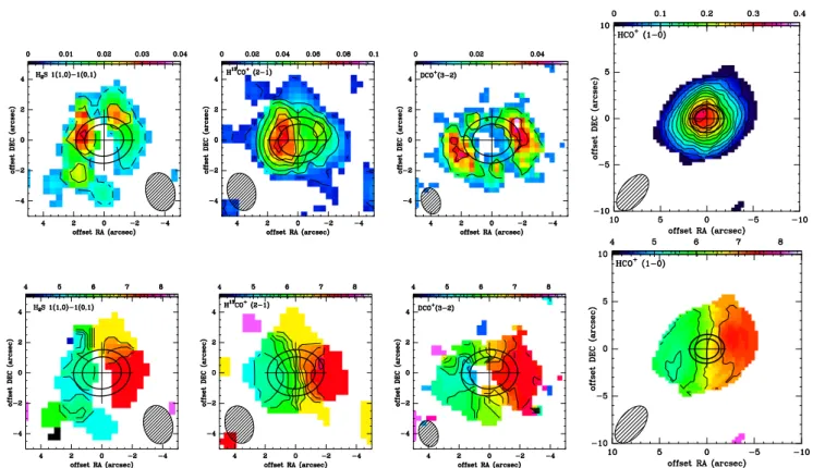 Fig. 1. Upper: Integrated intensity maps. The color scale is in the unit of (Jy beam −1 km s −1 )