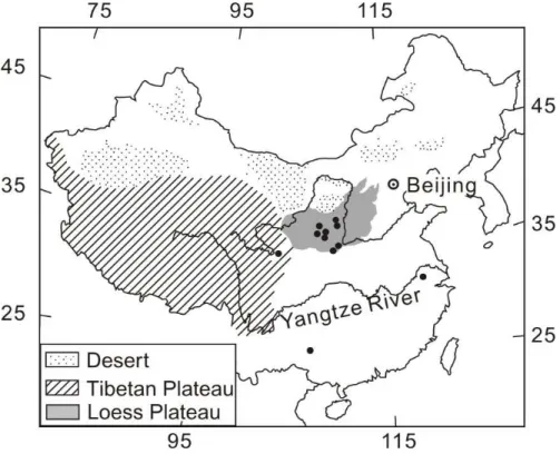 Fig. 2. The map indicates the main sites (black dots, referred in this paper) in China where extremely strong East Asian summer monsoon during MIS-13 is recorded