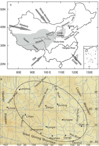 Fig. 1. Location of Longxi area (A) and the detailed landform (B).