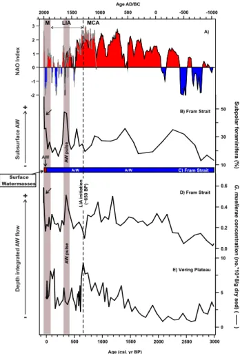 Fig. 7. Summary plot of surface and subsurface circulation changes across the eastern Nordic Seas over the past 3000 yr