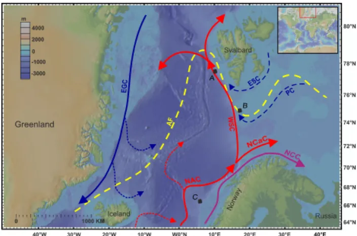 Fig. 1. Bathymetric map of the Nordic Seas showing the major oceanic features and site locations