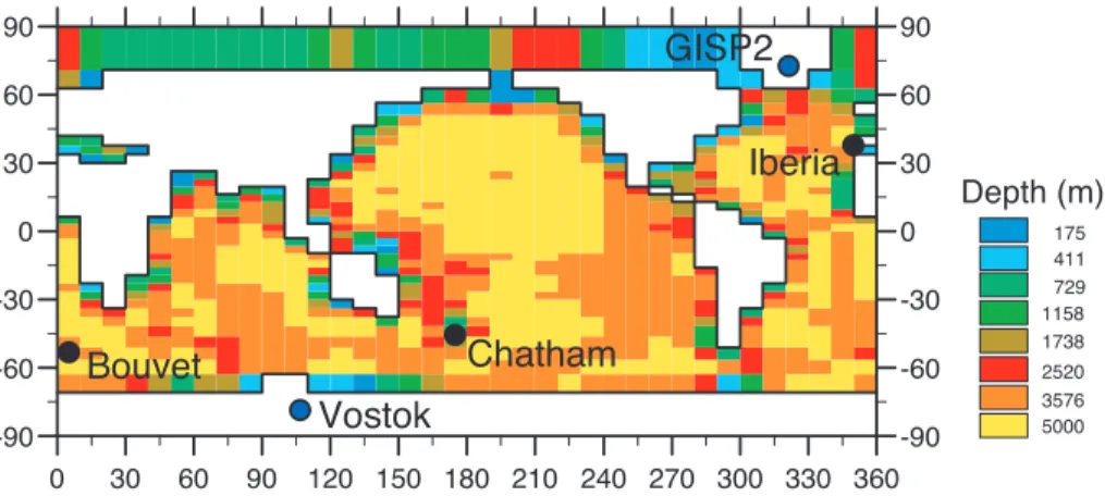 Fig. 1. Model ocean bathymetry on the GENIE-1 horizontal grid: 36×36 cells in constant incre- incre-ments of longitude and sin(latitude)