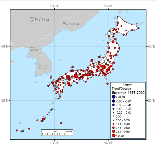 Fig. 8. Trends/decade of mean summer temperature [ ◦ C], 1976–2000.