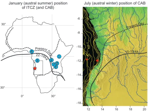 Fig. 8. Conceptual model of shifted average latitudinal positions of the Congo Air Boundary (CAB) and Intertropical Convergence Zone (ITCZ) during Deglaciation