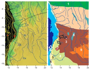 Fig. 2. Left, topography, bathemetry, and major rivers of the study area. Topography after GLOBE http://www.ngdc.noaa.gov/mgg/