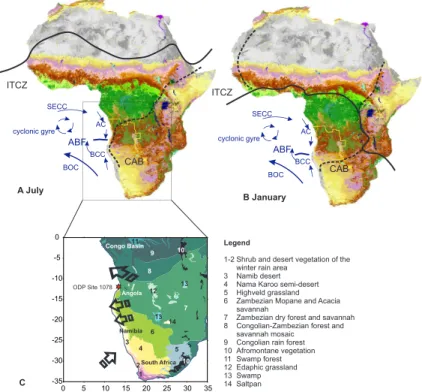 Figure  1:  Landcover  of  Africa  (Bartholome  et  al.  2002),  simplified  phytogeography  of  southern  Africa  (White  1983),  ocean  surface  currents  of  the  eastern  South  Atlantic  (Shannon  &amp;  Nelsson  1996),  and  summer  and  winter  posi