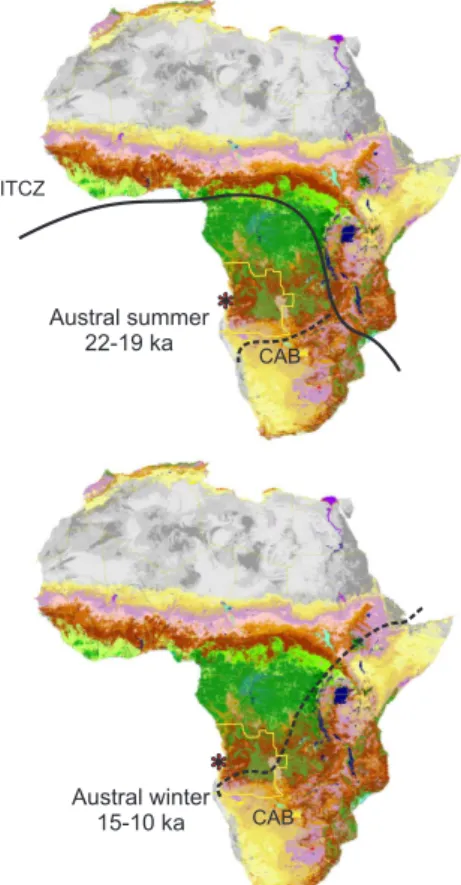 Figure  7:  Conceptual  model  of  the  latitudinal  positions  of  the  Congo  Air  Boundary  (CAB)  and  the  Intertropical  Convergence  Zone  (ITCZ)  during  the  deglaciation  projected  on  the  modern  Land  cover  map
