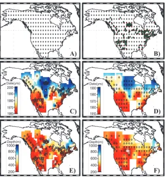 Fig. 5. (A) Echo-g grid over North American land; (B) as in (A) and showing a selection of model grid points (red) which are closer to real borehole locations (green)