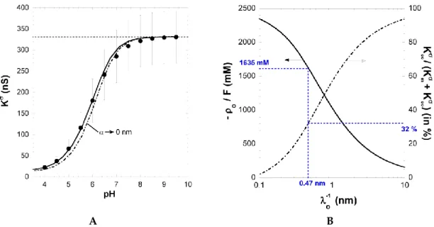 Figure 4. (A) Surface conductivity K σ vs. pH for PAA film in 1 mM KCl solution (symbols)