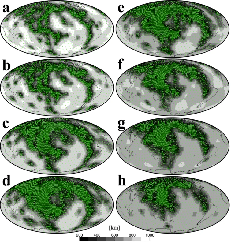 Figure 1. Spatial distribution of all the nodes (green dots) in the 400–1710 km depth range