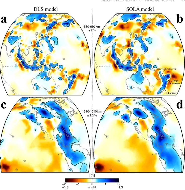Figure 3. Visual comparison of tomographic models derived from: (a, c) Damped least-squares (DLS) inversion ( m ˜ DLS ); (b, d) SOLA inversion ( m ˆ sola ).