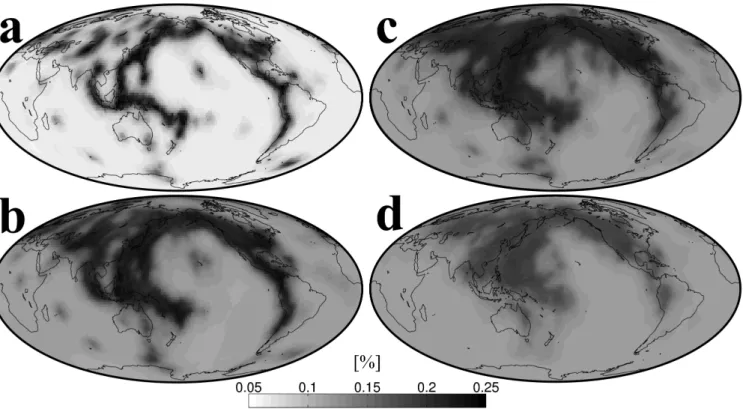 Figure 4. Examples of the model uncertainties σ m ˆ k obtained in this study using the alternative SOLA formulation of the Backus-Gilbert method
