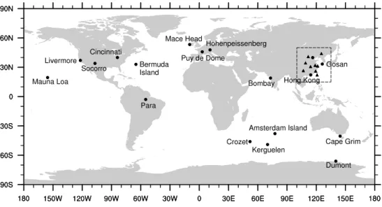 Fig. 3. Locations of the surface radon measurements used in this study. Dots indicate the sites where monthly data are available