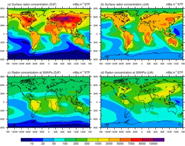 Fig. 5. Geographical distribution of radon concentration simulated with GAMIL using the Zhang-McFarlane-Hack convection scheme