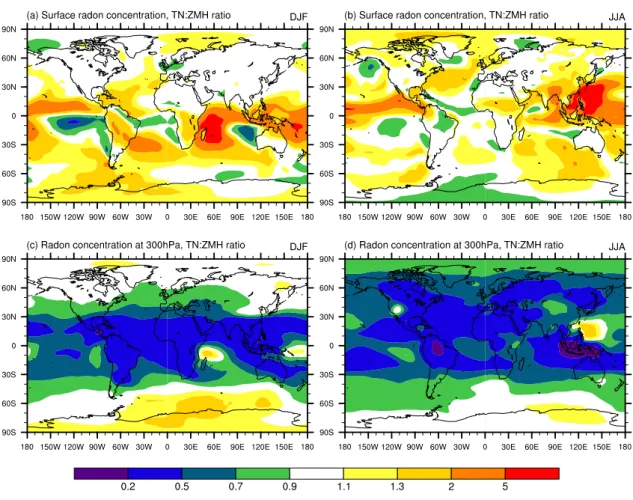 Fig. 6. Differences in the simulated radon concentration between the TN and ZMH simulations