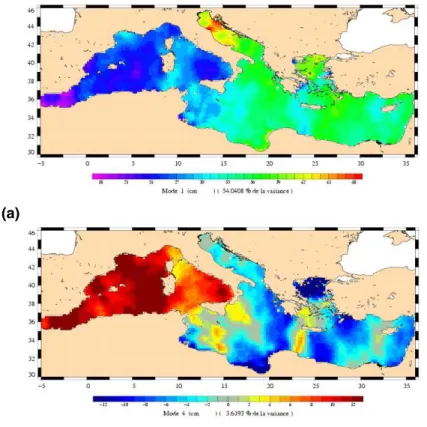 Fig. 4. EOF decomposition of the OSSE 250 signal. Spatial component for (a) first mode, (b) fourth mode.