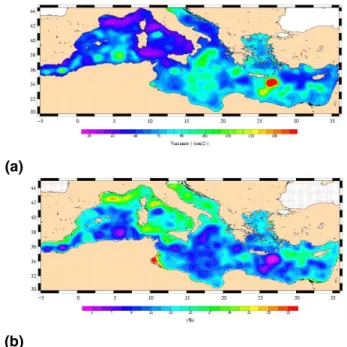 Fig. 12. (a) Mean variance of the total surface signal estimated by the AOS MOG2D LF30 + MOG2D combination over the [1993–2003] period